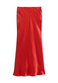 Gonna slip in satin rosso con silhouette dritta, texture liscia e leggero lucido. Design semplice senza pattern visibili o decorazioni.
