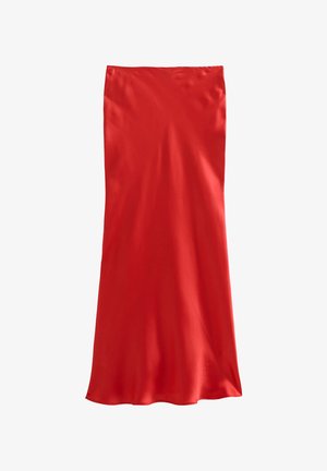 Jupe en satin rouge, avec une silhouette droite, une texture lisse et un éclat subtil. Design simple sans motifs ni embellissements visibles.