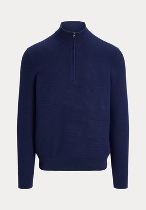 Tumesinine tekstuuriga soonikkoes kampsun neljandiku lukuga kraega ning soonikkoes varrukaotsade ja äärega, valgel taustal esitatud.