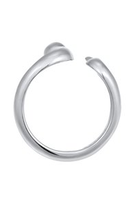 Sølv metal åben ring med et glat, buet design. To afrundede ender skaber et lille hulrum, med polerede, reflekterende overflader.