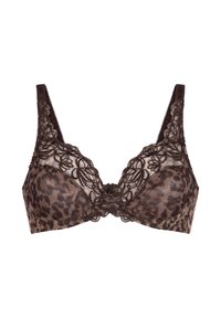 Leopardenmuster-BH in Brauntönen, mit Spitzenverzierung am Ausschnitt und verstellbaren Trägern mit glatter Textur.