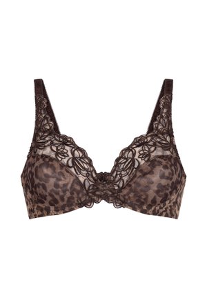 Leopardprint bh in bruine tinten, met kantdetails bij de halslijn en verstelbare bandjes met een gladde textuur.