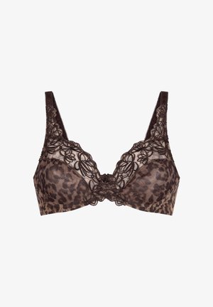 Leopardprint bh in bruine tinten, met kantdetails bij de halslijn en verstelbare bandjes met een gladde textuur.