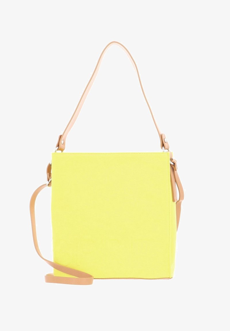 Sac à main rectangulaire jaune avec des bretelles d'épaule réglables couleur noisette, texture lisse et design minimaliste sur fond blanc.