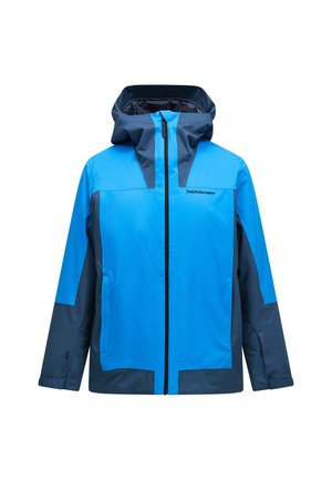 Blauw en marineblauw waterdicht jack met kap, voorzien van een ritssluiting aan de voorkant, contrasterende panelen en een logo op de borst. Soepele textuur.