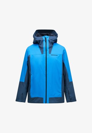 Blauw en marineblauw waterdicht jack met kap, voorzien van een ritssluiting aan de voorkant, contrasterende panelen en een logo op de borst. Soepele textuur.