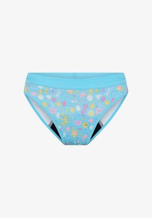Sous-vêtement style bikini bleu avec des motifs colorés et ludiques incluant des fleurs, des visages souriants, des mains et des formes abstraites.