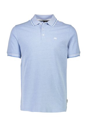 Polo shirt azzurro in cotone, con colletto, placket a tre bottoni e righe bianche a contrasto sulle maniche.