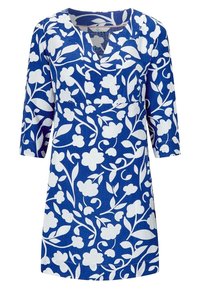 Blå och vit blommig klänning med trekvartslånga ärmar, V-ringning och en figurnära midja. Tillverkad av lätt tyg.