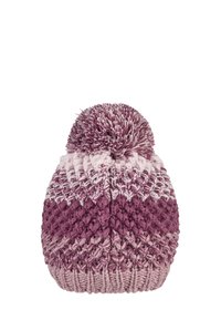 Chunky knit winter hat with pink and purple chevron pattern and large pom-pom on top, isolated on white background.