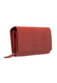 Red leather wallet with a flap closure, having a smooth texture and subtle stitching. Features a zippered compartment and brand logo embossed.