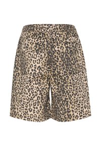 Luipaardprint shorts met een relaxed fit, voorzien van een elastische tailleband, twee achterzakken en een beige en zwarte kleurenschema.