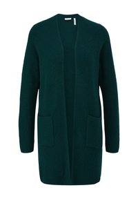 Elegante cardigan verde lavorato a maglia con apertura frontale, maniche lunghe e due tasche anteriori. Il tessuto testurizzato aggiunge interesse visivo e calore.