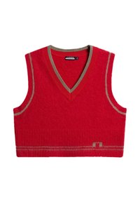 Czerwona krótka kamizelka z dekoltem w serek, wykonana z filcowanej wełny. Wykończona khaki prążkowanym obszyciem i pionową fakturą wzdłuż dolnego brzegu.