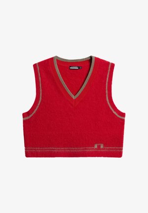 Czerwona krótka kamizelka z dekoltem w serek, wykonana z filcowanej wełny. Wykończona khaki prążkowanym obszyciem i pionową fakturą wzdłuż dolnego brzegu.