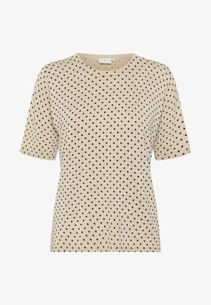 Beige short-sleeve t-shirt featuring a round neck and a black polka dot pattern throughout. Smooth texture with a fitted silhouette.