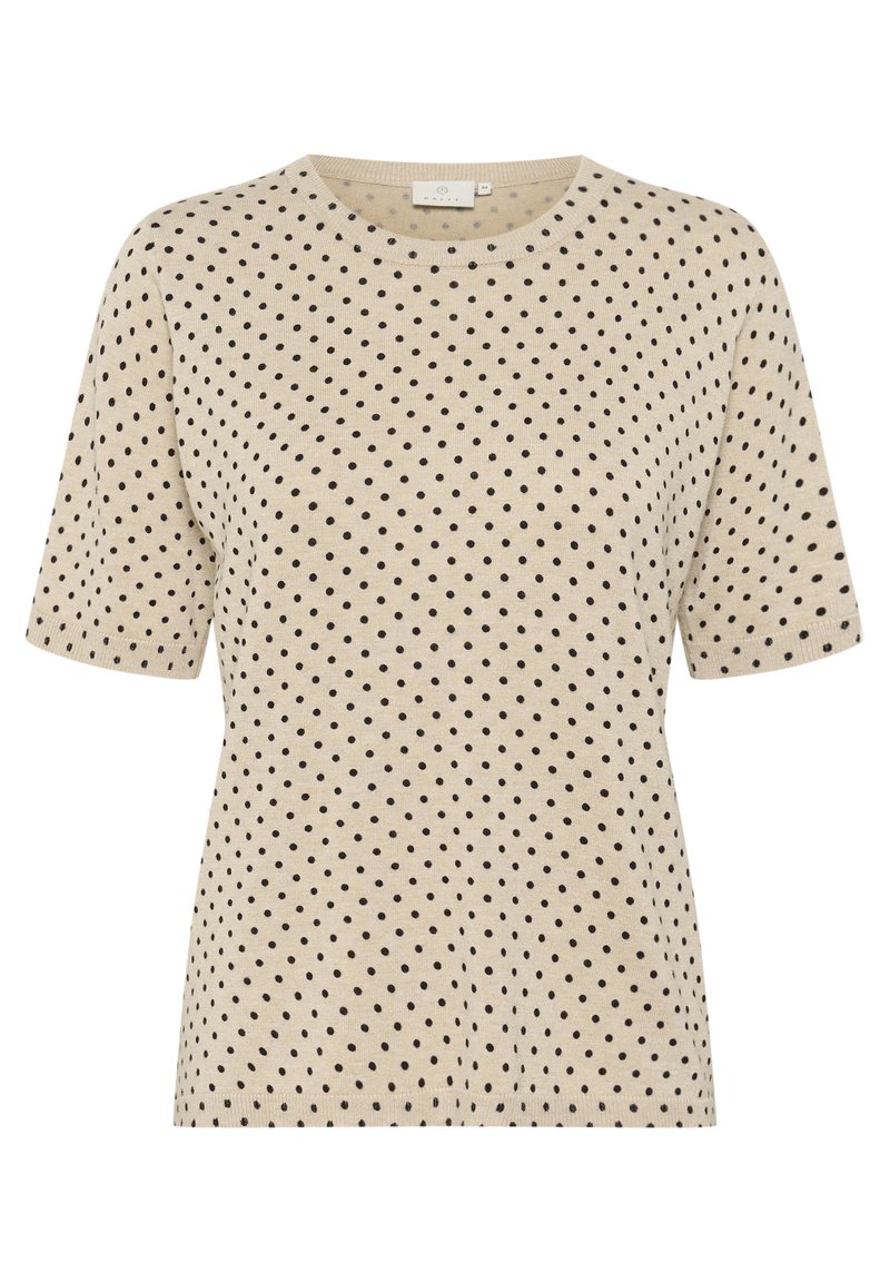 Top in maglia beige a maniche corte con pois neri, scollo rotondo e vita aderente.