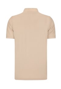 Beige polo skjorte med korte �ærmer, klassisk krave og tekstureret stof. Glat finish uden synlige logoer eller mønstre på ryggen.