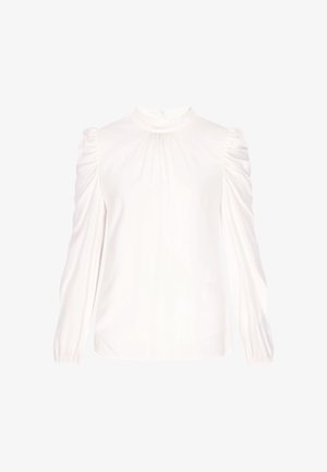 Weiße Bluse mit hohem Ausschnitt, gerafftem Detail vorn und Puffärmeln, aus glattem Stoff mit langen Ärmeln und eng anliegenden Manschetten.