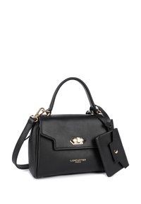 Borsa a mano in pelle nera con design strutturato, accessori in tonalità oro, portacarta rimovibile e logo "LANCASTER PARIS" impresso.