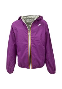 Giacca leggera viola con cappuccio, zip frontale completa e accentuazioni contrastanti in arancione e crema. Texture liscia, polsini elasticizzati.