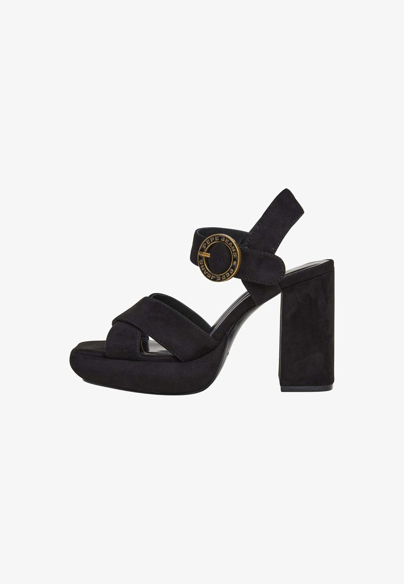 Sandale à talons hauts en daim noir avec semelle plateforme, bandes croisées à l'avant, sangle autour de la cheville dotée d'une boucle ronde en or avec le texte "Pepe Jeans".