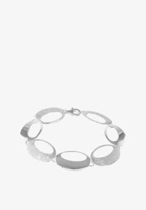 Silver bracelet featuring alternating textured and smooth oval links with a claw clasp, offering a polished, modern design.