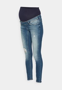 Graviditetsjeans med en mörkblå elastisk midja, ljus till mörkblå denim, smal passform, slitna detaljer på högra knäet och subtila blekningar.