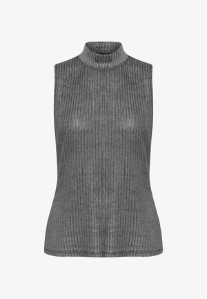 Bez rękawów, prążkowany top z wysokim kołnierzem w ciemnoszarym kolorze, wykonany z miękkiej dzianiny. Posiada dopasowany krój z wysokim kołnierzem.
