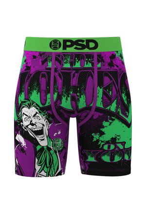 Groene en paarse boxershorts met een groot, grijnzend Joker-cartoongezicht en tekst in stripstijl aan de voorkant met een groene tailleband met het label PSD.