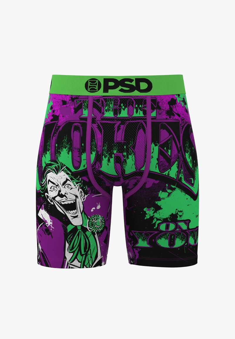 Caleçons boxers verts et violets présentant un grand visage souriant de Joker en dessin animé et un texte de style bande dessinée à l'avant avec une ceinture verte portant l'inscription PSD.