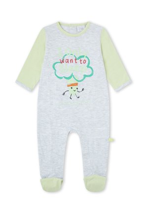 Pelele para bebé con mangas y pies verde claro, cuerpo gris con un gráfico de árbol sonriente y el texto "Sólo quiero dormir".