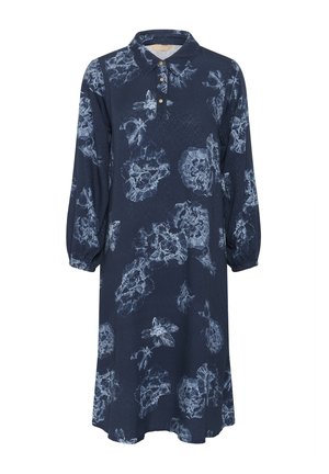 Marineblaues Kleid mit Blumenmuster, weichem Stoff, kragen und langen Ballonärmeln. Ausgestattet mit einer vorderen Knopfverschlusst und einem entspannten Fit-Design.