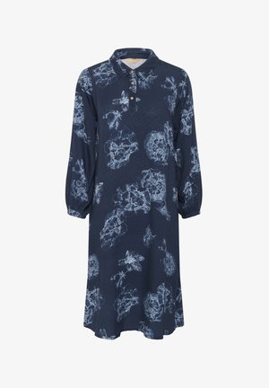 Robe marine avec imprimé floral, tissu doux, col classique et manches longues bouffantes. Caractéristiques d'une fermeture à boutons sur le devant et d'un design décontracté.