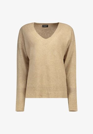 Beige V-hals trui met lange mouwen, zachte textuur en geribde zoom. Gemaakt van lichtgewicht materiaal, ideaal voor lagen.