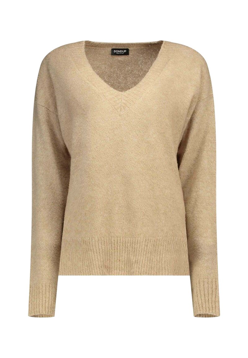Maglione beige a V con maniche lunghe, texture morbida e orlo a coste. Realizzato in materiale leggero, adatto per essere indossato a strati.
