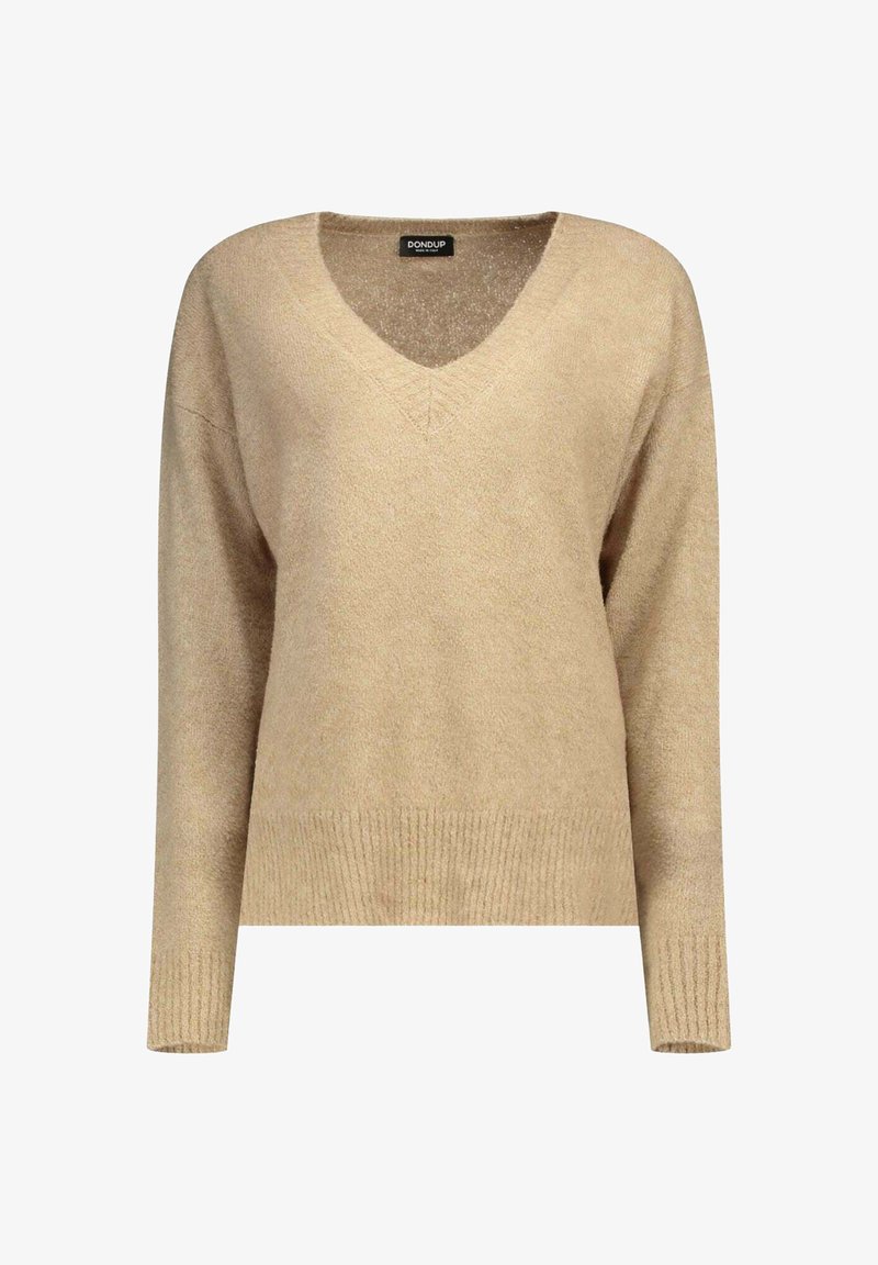 Maglione beige a V con maniche lunghe, texture morbida e orlo a coste. Realizzato in materiale leggero, adatto per essere indossato a strati.