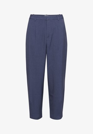 Pantalons navy sur mesure en tissu texturé, avec une coupe droite, deux plis sur l'avant et une taille avec passants de ceinture.