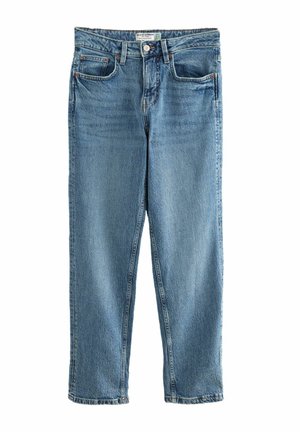 Jean denim bleu classique à jambe droite avec poches avant, passants de ceinture, fermeture par boutons et une étiquette visible à l’intérieur de la ceinture.