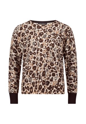 Leopardenprint trui van zacht materiaal, met een ronde halslijn en lange mouwen. Voorzien van bruine ribgebreide boorden en zoom.