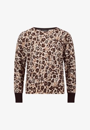 Sweter w wzór panterki z miękkiego materiału, z okrągłym dekoltem i długimi rękawami. Posiada brązowe ściągacze przy mankietach i u dołu.