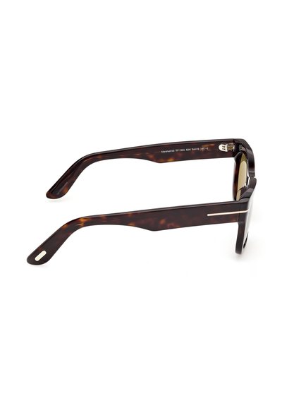 Tortoiseshell thick-frame sunglasses with gold hinges and a rectangular lens shape, shown from the side on a white background.