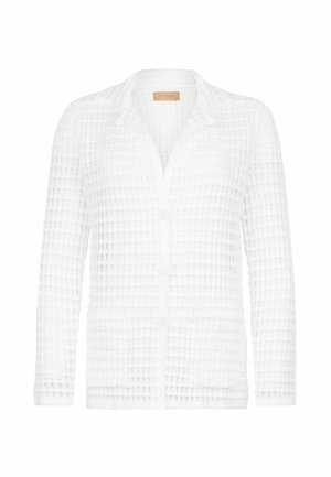 Cardigan blanc à manches longues avec boutons, texture en maille gaufrée et col rabattable.