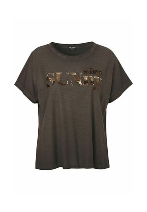 Donkergrijs T-shirt met korte mouwen en ronde hals, met een tekst van pailletten "SUNNY" op de borst, losse pasvorm en casual stijl.