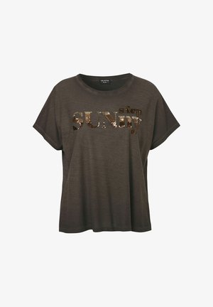 T-shirt gris foncé à manches courtes avec col rond et texte en sequins « SUNNY » sur la poitrine, coupe décontractée et style casual.