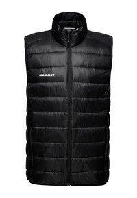 Schwarz isolierte Weste mit gepolsterter Textur, hohem Kragen, Frontreißverschluss und weißem "Mammut"-Logo auf der linken Brustseite.