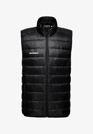 Gilet isolato nero con texture trapuntata, colletto alto, zip frontale e logo "Mammut" bianco sul lato sinistro del petto.
