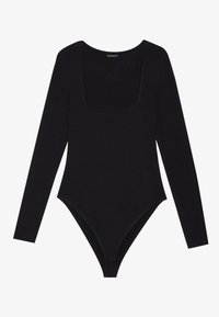 Svart langermet bodysuit med firkantet hals, laget av et mykt, elastisk stoff med en tettsittende silhuett og thong-bunn.