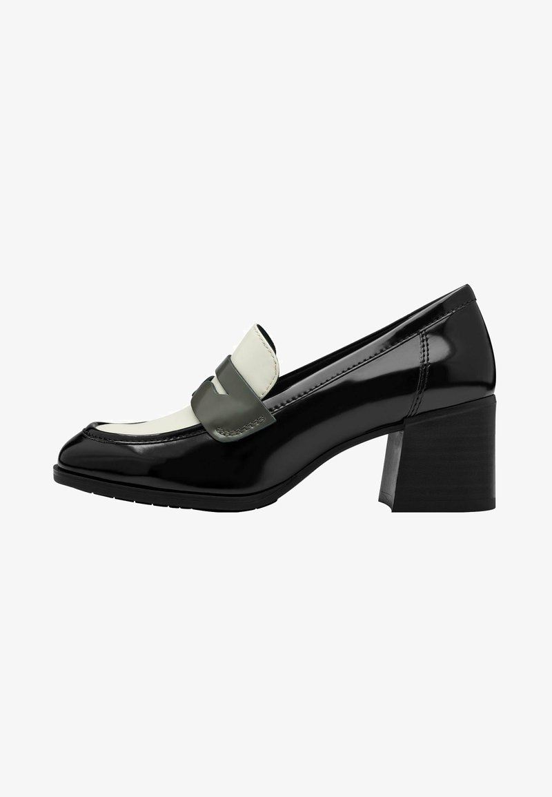 Black patent leather shoe with a rounded toe, grey accent band, and a medium block heel. Smooth finish with contrasting white top panel.