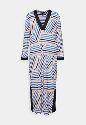 Robe à manches longues avec col en V, présentant des rayures diagonales géométriques bleues, noires et beiges, avec des bordures noires aux poignets et à l'encolure.